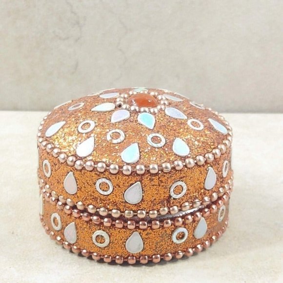 VTG Jewelry Box Orange Round Glitter Trinket Gift Beads Ornament Velvet Interior - Picture 5 of 12
